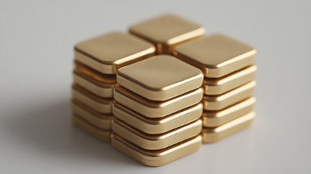 A neat arrangement of small shiny gold blocks stacked on a light background, representing themes of wealth, luxury, and minimalism. Perfect for financial concepts.の素材