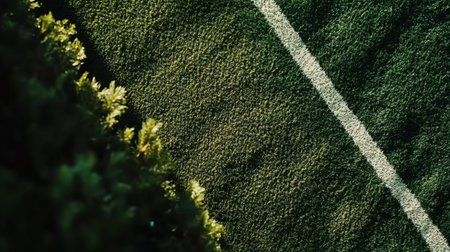 This aerial view captures a vibrant green artificial turf sports field complemented by a white line and lush greenery, perfect for outdoor activities.の素材