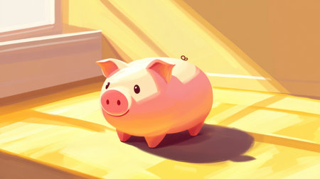 A charming illustration of a piggy bank sits gracefully on a sunlit floor. The warm yellow light casts soft shadows, highlighting themes of savings and finance education.の素材