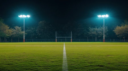 A captivating view of a rugby field under bright lights at night, showcasing a well-maintained grassy area. The peaceful ambiance invites athletic play.の素材