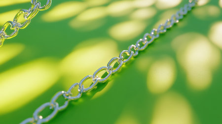 A striking close-up of a silver chain resting on a vivid green surface, featuring soft shadows that create dynamic patterns, highlighting its elegant design.の素材