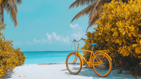 A vibrant yellow bicycle rests near the sand on a tropical beach, surrounded by lush green foliage and clear blue waters under a pristine sky. Perfect for illustrating summer adventures and relaxation.の素材