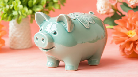 This captivating ceramic piggy bank features a playful design and glossy finish, set against a colorful floral background, perfect for savings and gifting.の素材