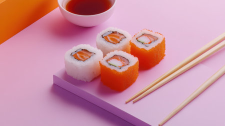 Indulge in vibrant sushi rolls featuring fresh salmon and cucumber, beautifully presented on a pastel pink surface with soy sauce and chopsticks.の素材