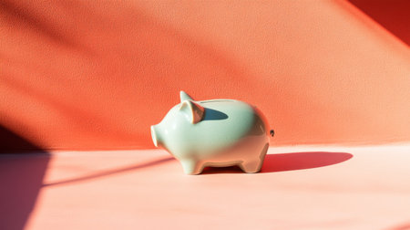 A delightful mint green piggy bank rests on a coral background, with soft shadows creating a playful and modern atmosphere perfect for financial themes.の素材