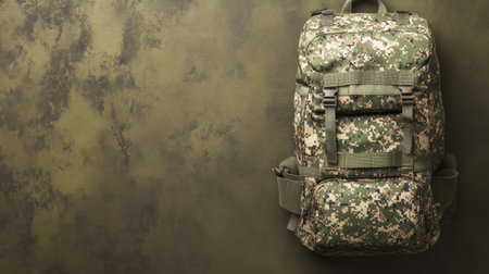 This image features a stylish camouflage backpack positioned against a rich olive green textured background, perfect for outdoor adventures and military use.の素材