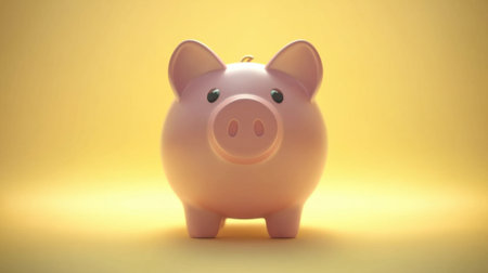 This image captures a charming pink piggy bank set against a bright yellow backdrop, symbolizing savings and financial planning. Ideal for showcasing budgeting tips.の素材