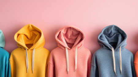 A vibrant display of colorful hoodies arranged against a soft pink background. Perfect for fashion-related projects, retail promotions, and lifestyle visuals.の素材