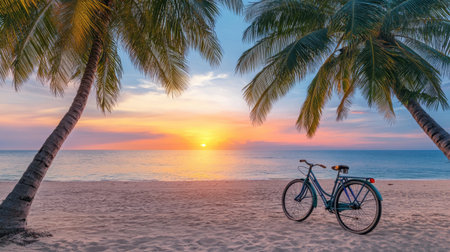 Experience a tranquil beach scene featuring a bicycle parked on the sand, framed by palm trees. Witness the stunning sunset over the ocean, radiating warmth and relaxation.の素材