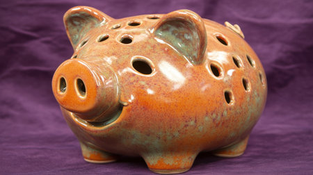 This vibrant ceramic piggy bank features a playful design with holes for coins, combining functionality with artistic flair in orange and green tones.の素材