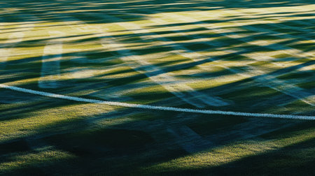 A vibrant soccer field showcases a lush green surface highlighted by intricate light patterns and soft shadows, perfect for showcasing outdoor sports.の素材