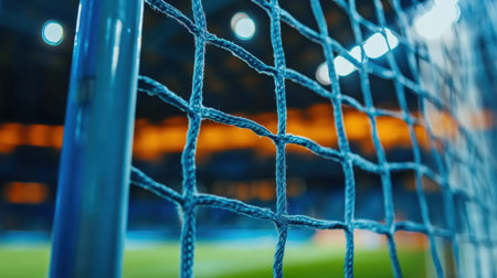 Close-up view of soccer goal netting captures the intricate texture and tension of the fibers against a blurred stadium background, evoking game excitement.の素材