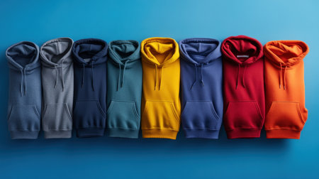 A vibrant collection of eight hoodies displayed on a bright blue background, showcasing variety in colors and styles ideal for fashion marketing.の素材