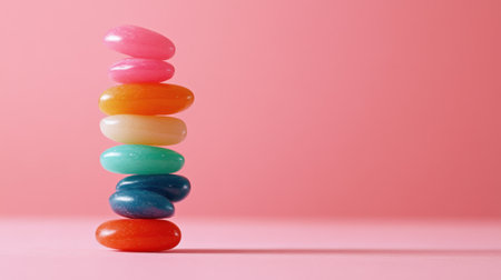A delightful arrangement of colorful jelly beans stacked vertically against a soft pink background, evoking feelings of joy and playfulness in a minimalist style.の素材