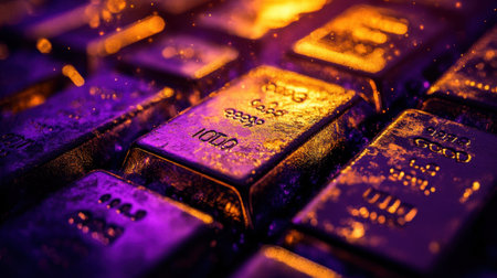 This captivating close-up image features shiny gold bars that evoke a sense of wealth and luxury, set against a background of shimmering purple hues.の素材
