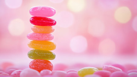 A vibrant arrangement of colorful candy stacked in a pyramid shape against a soft pink background, creating a cheerful and playful atmosphere. Perfect for holiday and celebration themes.の素材