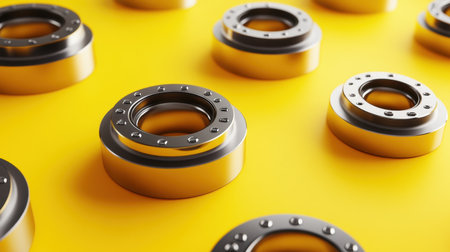 A vibrant arrangement of circular metal components rests against a bright yellow background, showcasing details in design, texture, and precision for industrial applications.の素材