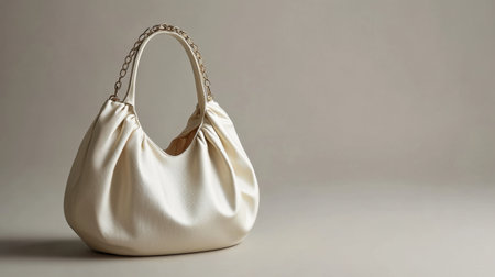 This elegant cream colored handbag features a stylish chain detail, placed against a soft neutral background, ideal for fashion promotions and stylish showcases.の素材
