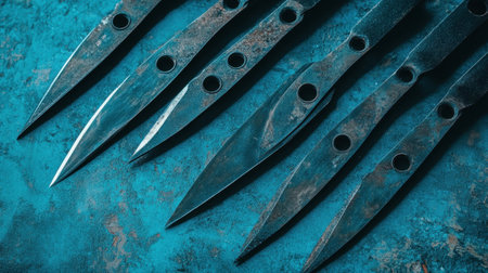 A captivating arrangement of vintage throwing knives on a textured blue background, showcasing intricate details and unique designs suited for collectors and enthusiasts.の素材
