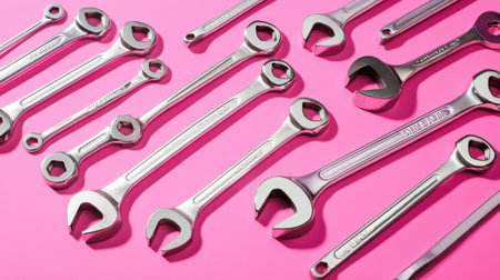 A visually striking arrangement of various steel wrenches on a vibrant pink background, perfect for highlighting tools and mechanical concepts in design.の素材