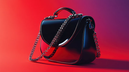 This image features a chic black handbag with a chain strap set against a striking gradient backdrop. The vibrant colors enhance the accessory's elegant design, making it ideal for fashion promotions.の素材