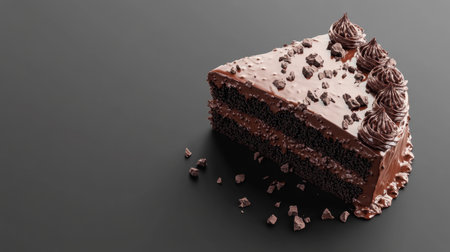 A tempting slice of chocolate cake featuring rich frosting and chocolate flakes, set against a sleek dark background, perfect for dessert lovers.の素材