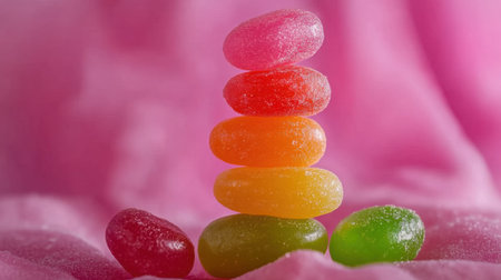 A close-up image of colorful jelly beans stacked elegantly against a soft pink backdrop, evoking feelings of sweetness and joy perfect for candy-related projects.の素材