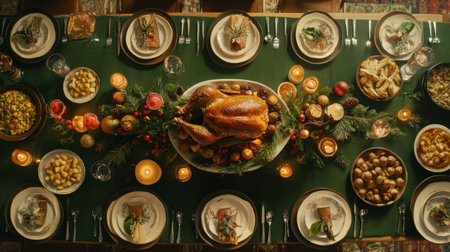 A beautifully arranged Thanksgiving dinner table featuring a roast turkey, seasonal dishes, and festive decor, creating a warm and inviting atmosphere for family gatherings.の素材