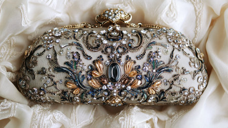 Luxurious vintage clutch bag featuring intricate embroidery and sparkling beads, set on a soft silk fabric background, ideal for elegant occasions.の素材