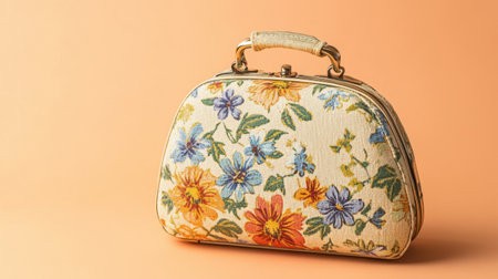 This image features a vintage floral handbag with a beautiful flower design against a soft orange background, highlighting its charm and elegance.の素材