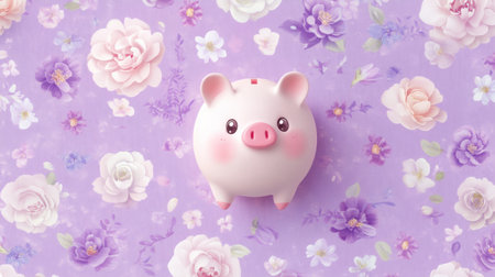 A charming piggy bank sits atop a soft purple floral background, embodying themes of savings and financial education. Perfect for imagery related to budgeting.の素材