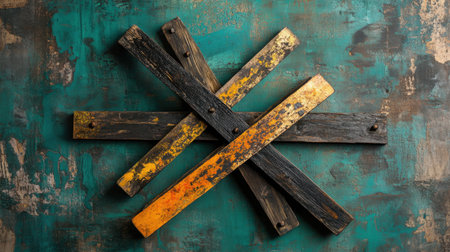 An artistic assembly of colorful wooden planks set against a textured background, perfect for design projects or creative inspiration.の素材