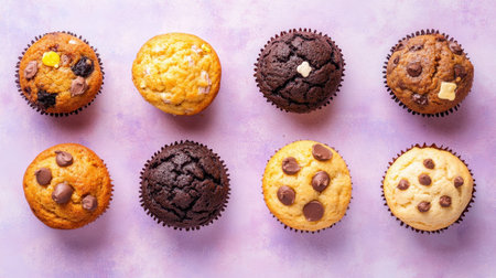 A vibrant display of freshly baked muffins in various flavors, arranged beautifully on a soft pastel background, perfect for any dessert lover.の素材