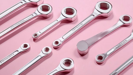 A visually striking arrangement of shiny metallic wrenches and nuts on a pink background, ideal for showcasing mechanical tools and DIY projects.の素材