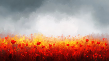 A stunning depiction of a field filled with vibrant red flowers set against a moody grey sky, capturing the essence of nature's beauty and tranquility.の素材