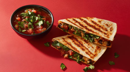 A mouthwatering grilled quesadilla filled with fresh vegetables and served with a side of vibrant salsa. Perfect for food lovers and healthy eating.の素材
