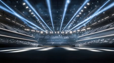 A large, empty arena showcases dramatic stage lighting with beams and a vibrant atmosphere, setting the scene for future events and performances.の素材