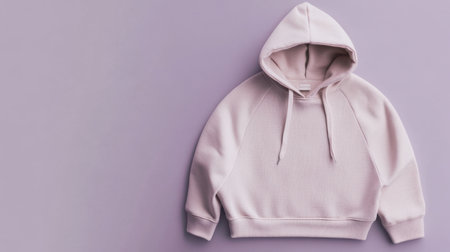 This soft pink hooded sweatshirt lies flat against a light purple background, showcasing its cozy and fashionable design, perfect for casual wear.の素材