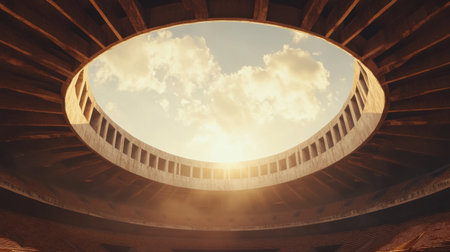 Captivating image of a circular architectural opening featuring sunlight streaming through, illuminating the dramatic sky and highlighting the structure's unique design.の素材
