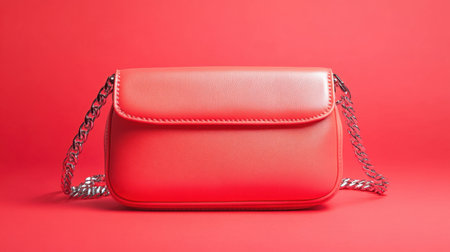 A vibrant red handbag is showcased on a bright red background, highlighting its stylish design and elegant features in a minimalist fashion setting.の素材