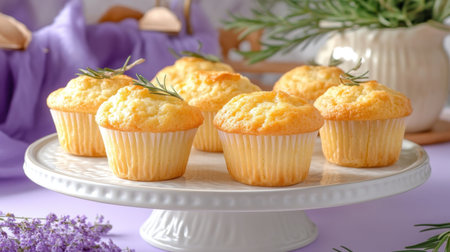 A delightful arrangement of freshly baked cupcakes topped with herbs, elegantly displayed on a decorative cake stand against a cozy kitchen backdrop.の素材