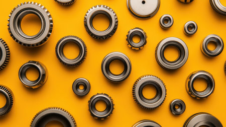 A vibrant arrangement of various metallic circular gears and rings set against a bright yellow backdrop, ideal for industrial, technical, or creative projects.の素材