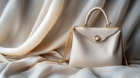 A beautifully crafted white handbag rests gracefully on a soft draped fabric, showcasing its elegant design and luxurious texture. Ideal for fashion marketing.の素材
