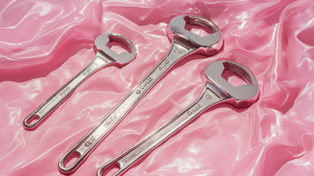 This image features a set of three metallic wrenches displayed on soft pink satin fabric, creating a striking contrast between industrial tools and elegant styling.の素材