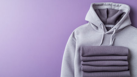 A cozy gray hoodie sits atop neatly folded sweatshirts on a soft purple background, ideal for showcasing trendy clothing styles and casual fashion.の素材