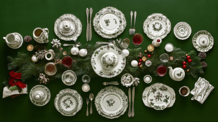 A beautifully arranged holiday table featuring fine china, exquisite glassware, and seasonal decor elements, creating an inviting atmosphere for gatherings.の素材