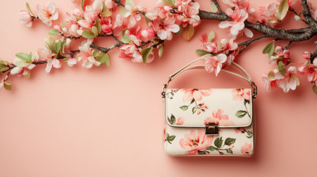 A delicate floral handbag sits gracefully on a soft peach background, entwined with cherry blossoms, embodying elegance and springtime charm.の素材
