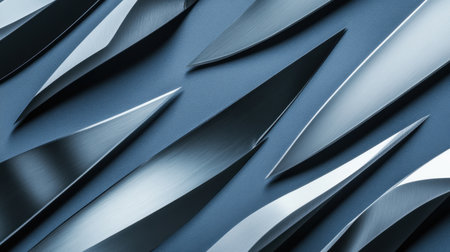 This image showcases an artistic arrangement of sleek stainless steel knife blades, highlighting their sharp edges and modern design against a dark background.の素材