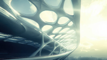 This image showcases an innovative architectural design featuring unique curved lines and patterns against a bright sky, perfect for modern urban themes.の素材