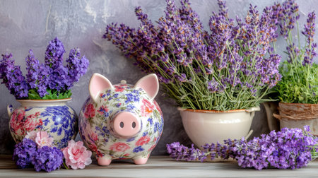 A charming floral piggy bank sits alongside vibrant lavender blooms, creating a serene and rustic display ideal for home decor enthusiasts and nature lovers.の素材